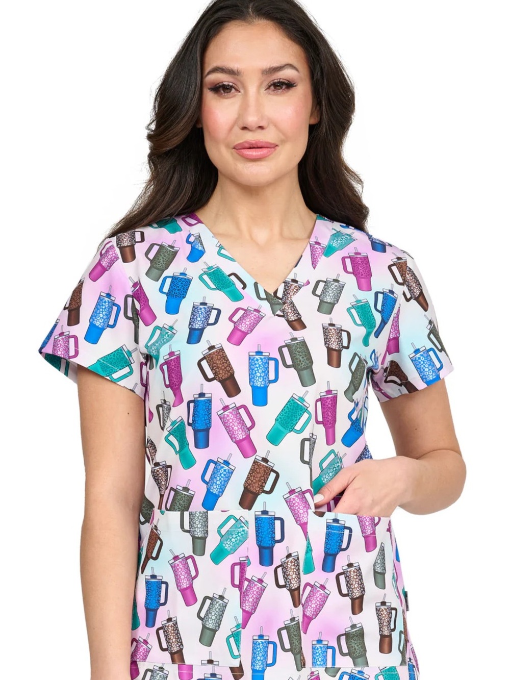 Women’s Pink Multi Tumbler Print V-Neck Scrub Top